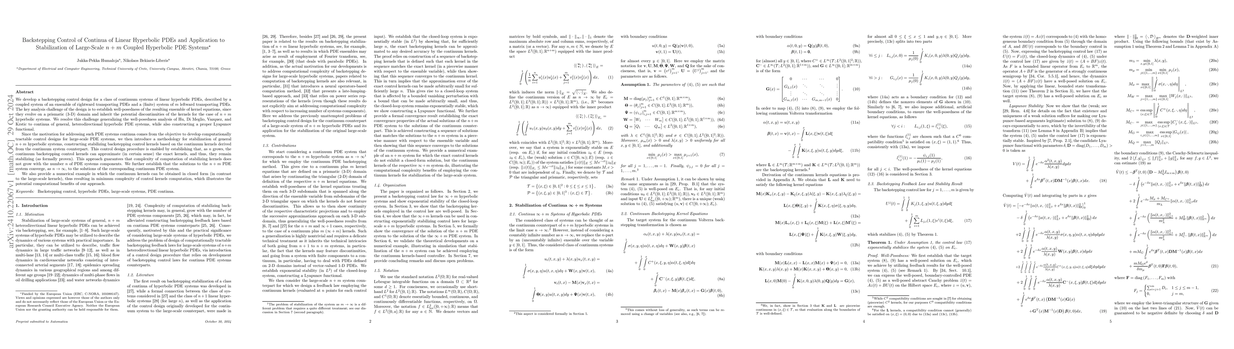 Thumbnail for Backstepping Control of Continua of Linear Hyperbolic PDEs and
  Application to Stabilization of Large-Scale $n+m$ Coupled Hyperbolic PDE
  Systems