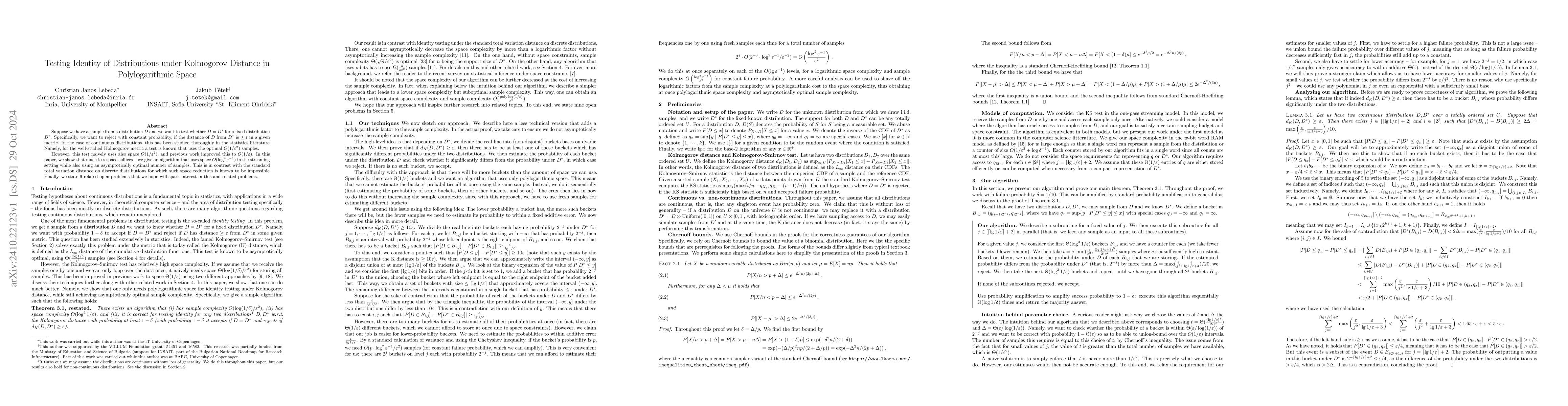 Thumbnail for Testing Identity of Distributions under Kolmogorov Distance in
  Polylogarithmic Space