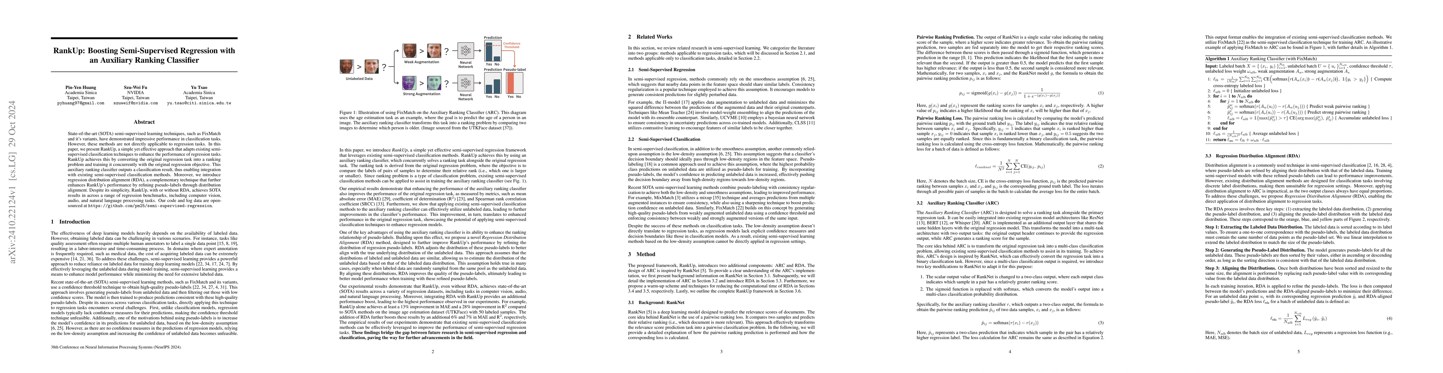 Thumbnail for RankUp: Boosting Semi-Supervised Regression with an Auxiliary Ranking
  Classifier
