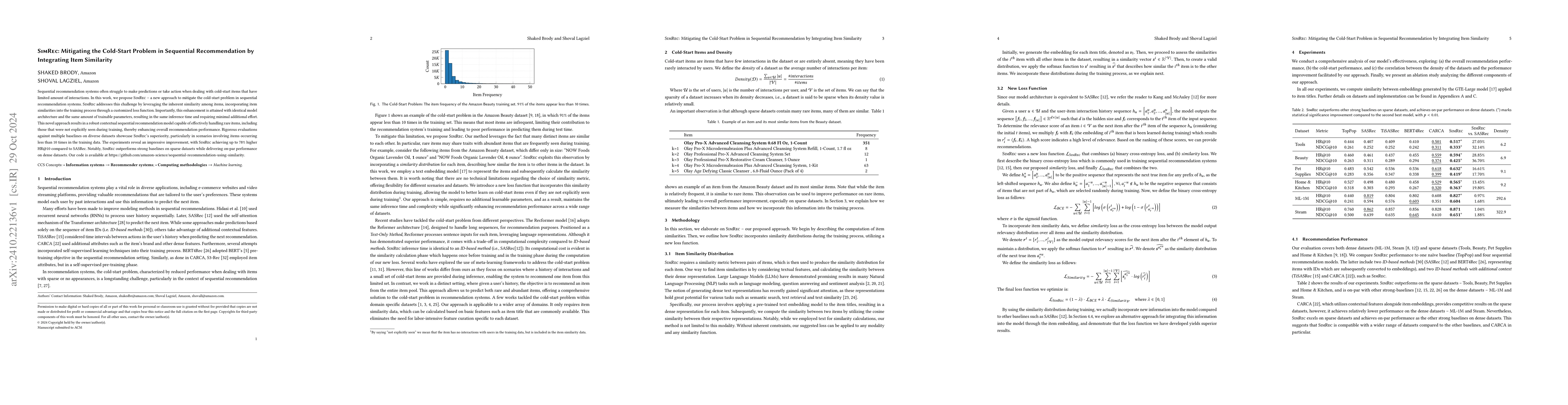 Thumbnail for SimRec: Mitigating the Cold-Start Problem in Sequential Recommendation
  by Integrating Item Similarity