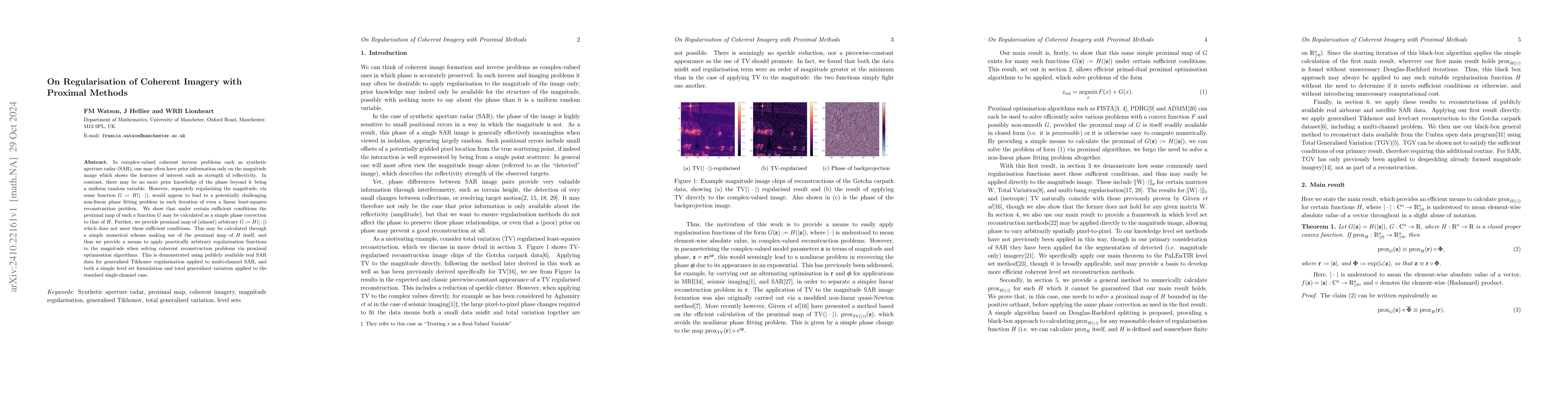 Thumbnail for On Regularisation of Coherent Imagery with Proximal Methods