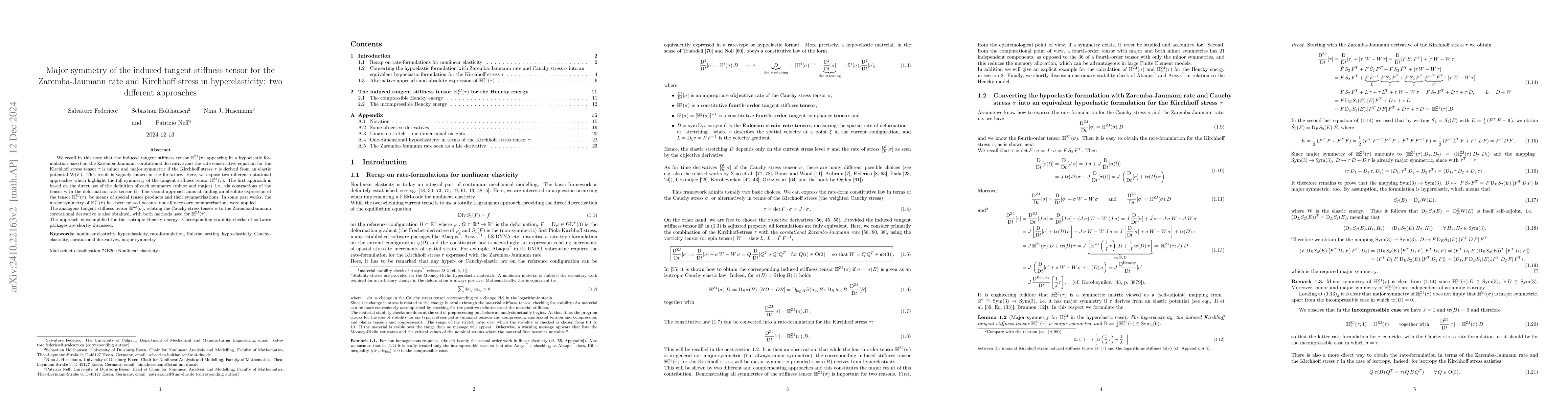 Thumbnail for Major symmetry of the induced tangent stiffness tensor for the
  Zaremba-Jaumann rate and Kirchhoff stress in hyperelasticity: two different
  approaches