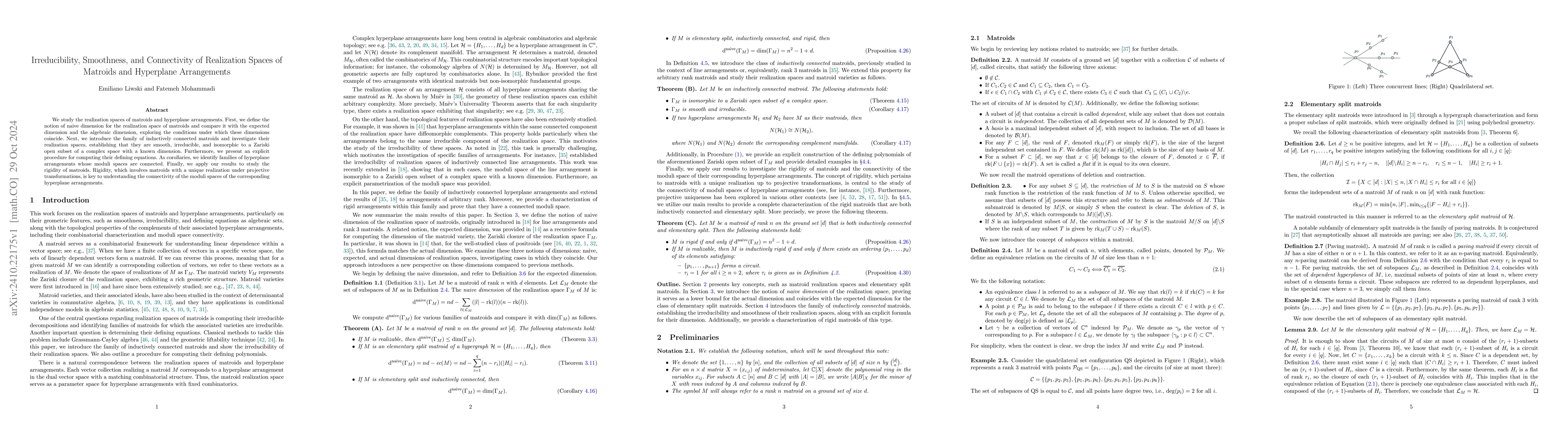 Thumbnail for Irreducibility, Smoothness, and Connectivity of Realization Spaces of
  Matroids and Hyperplane Arrangements