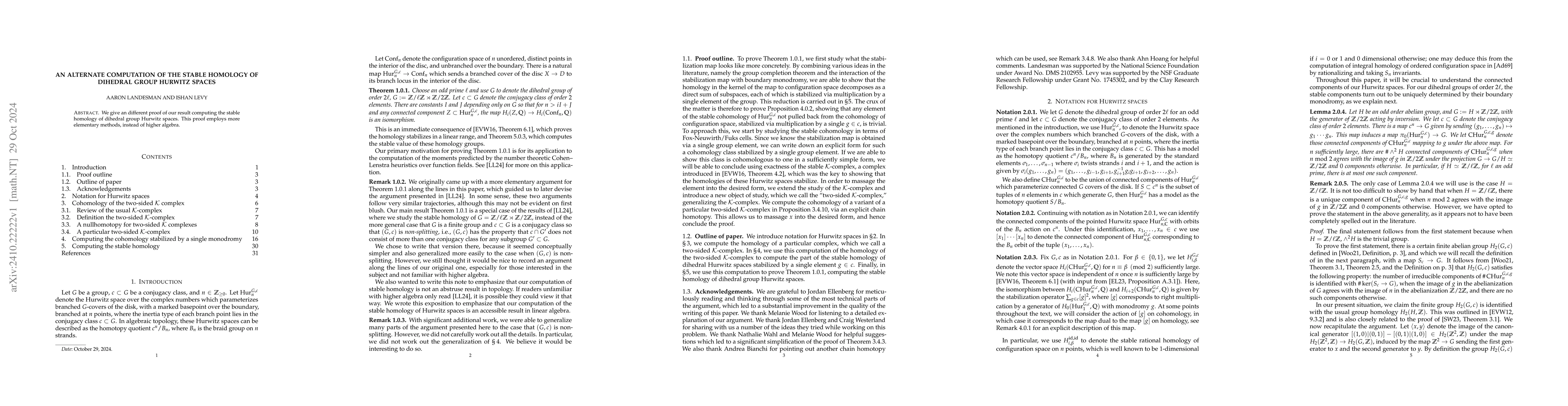 Thumbnail for An alternate computation of the stable homology of dihedral group
  Hurwitz spaces