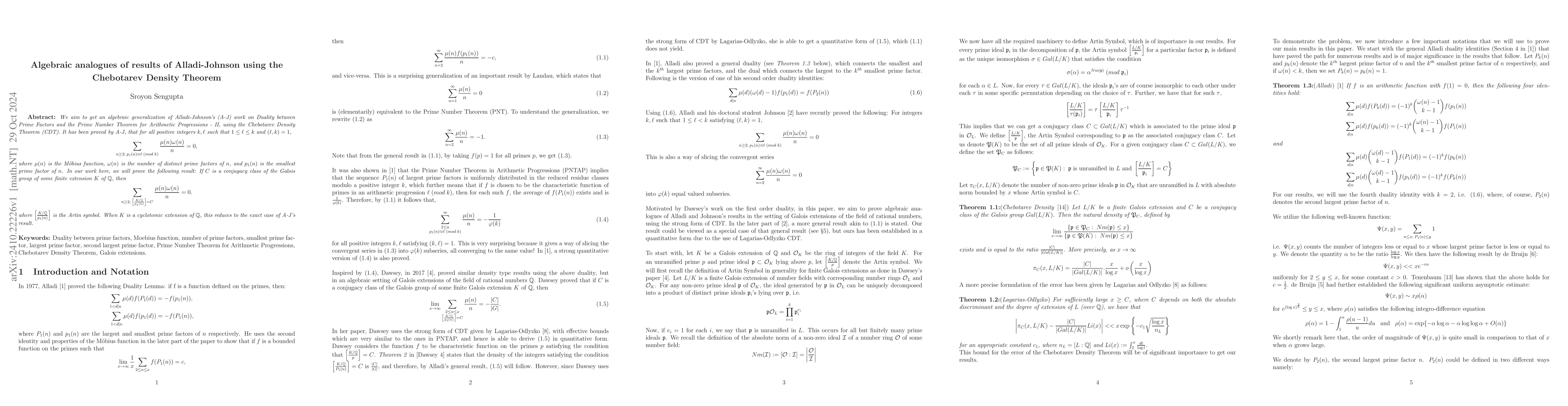 Thumbnail for Algebraic analogues of results of Alladi-Johnson using the Chebotarev
  Density Theorem