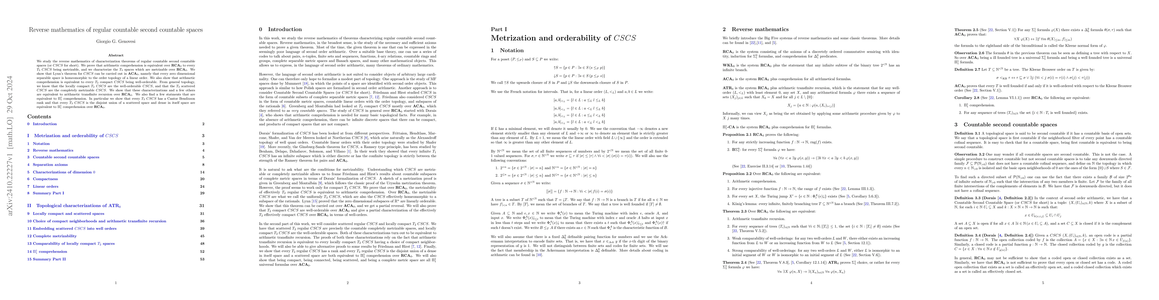 Thumbnail for Reverse mathematics of regular countable second countable spaces