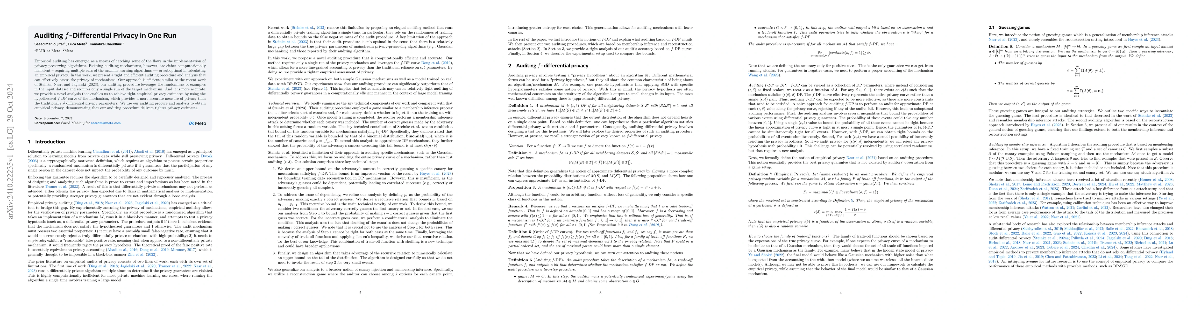 Thumbnail for Auditing $f$-Differential Privacy in One Run
