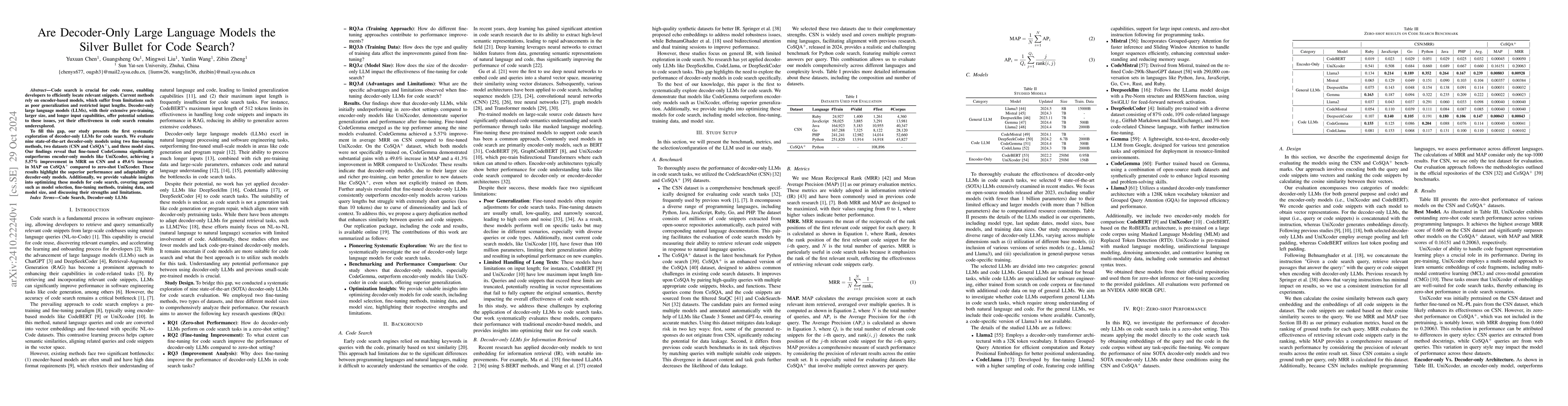 Thumbnail for Are Decoder-Only Large Language Models the Silver Bullet for Code
  Search?