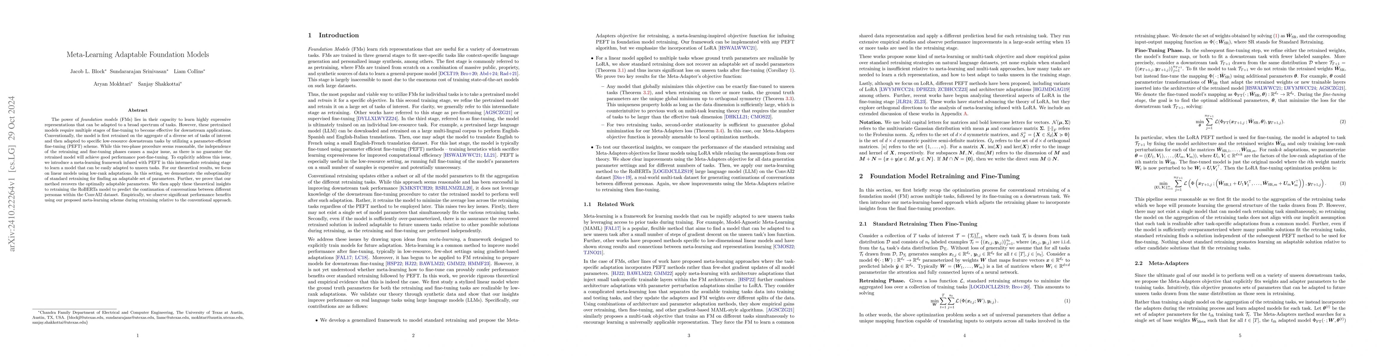 Thumbnail for Meta-Learning Adaptable Foundation Models