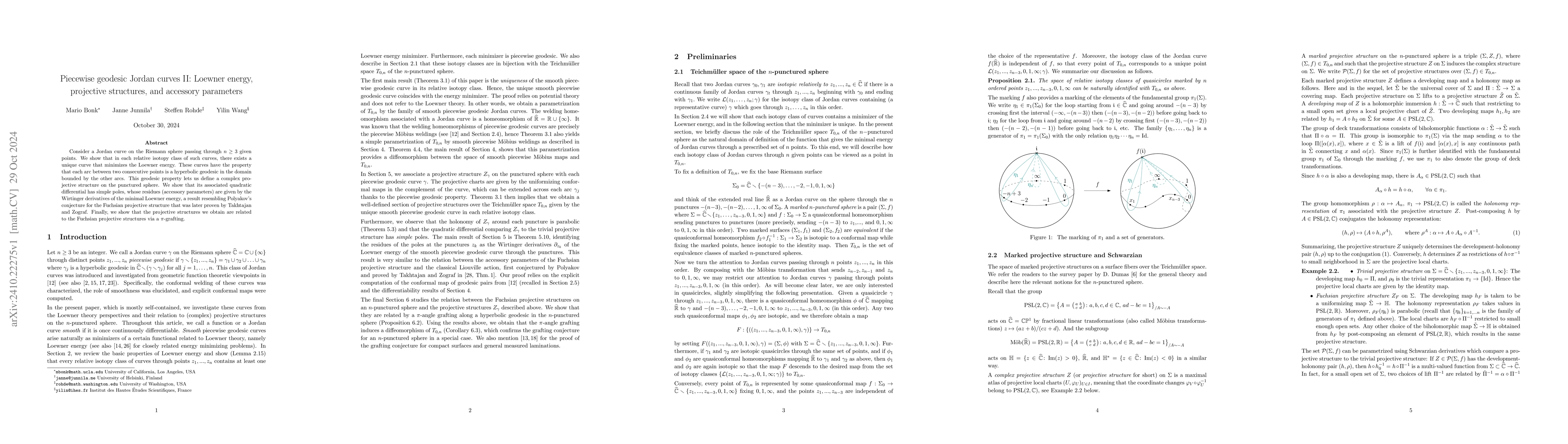 Thumbnail for Piecewise geodesic Jordan curves II: Loewner energy, projective
  structures, and accessory parameters