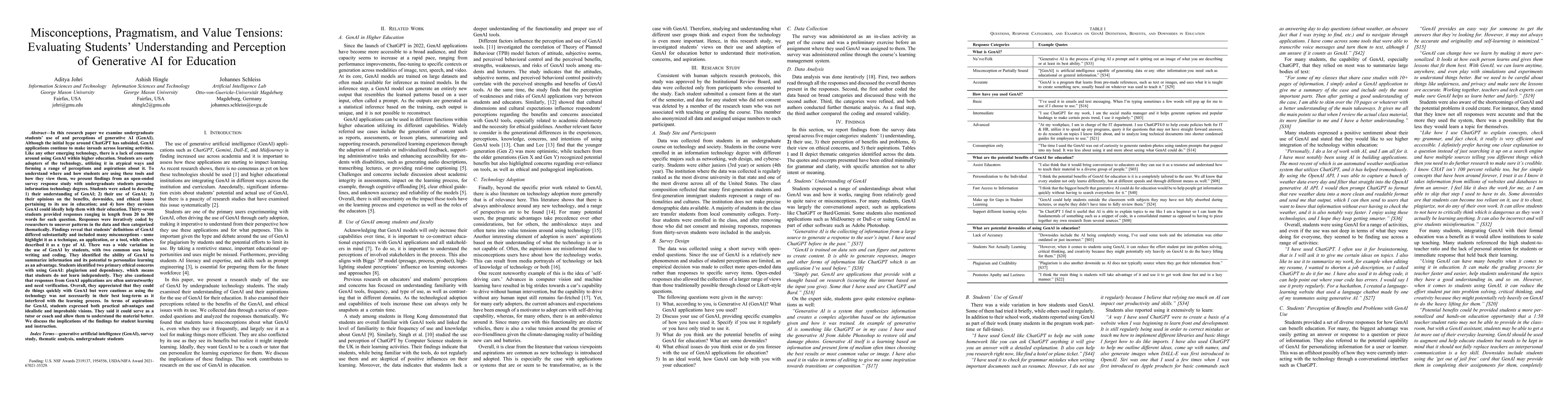 Thumbnail for Misconceptions, Pragmatism, and Value Tensions: Evaluating Students'
  Understanding and Perception of Generative AI for Education