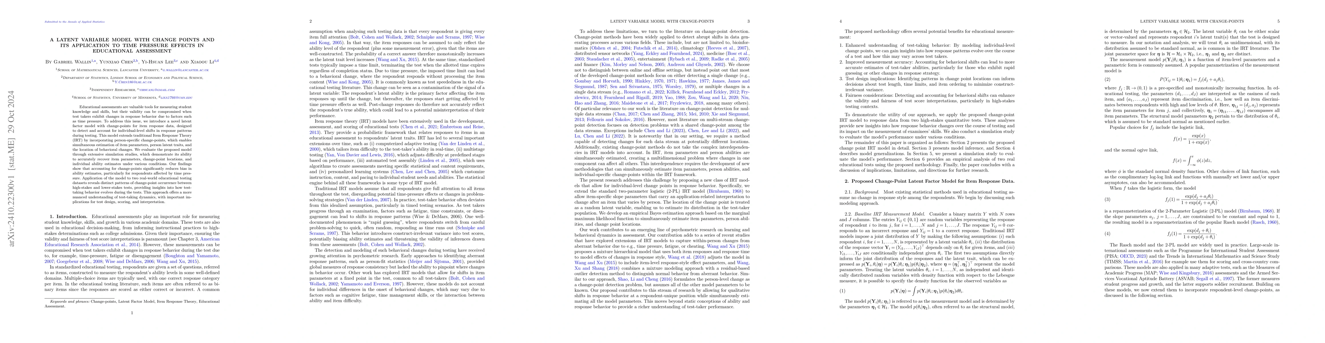 Thumbnail for A Latent Variable Model with Change Points and Its Application to Time
  Pressure Effects in Educational Assessment
