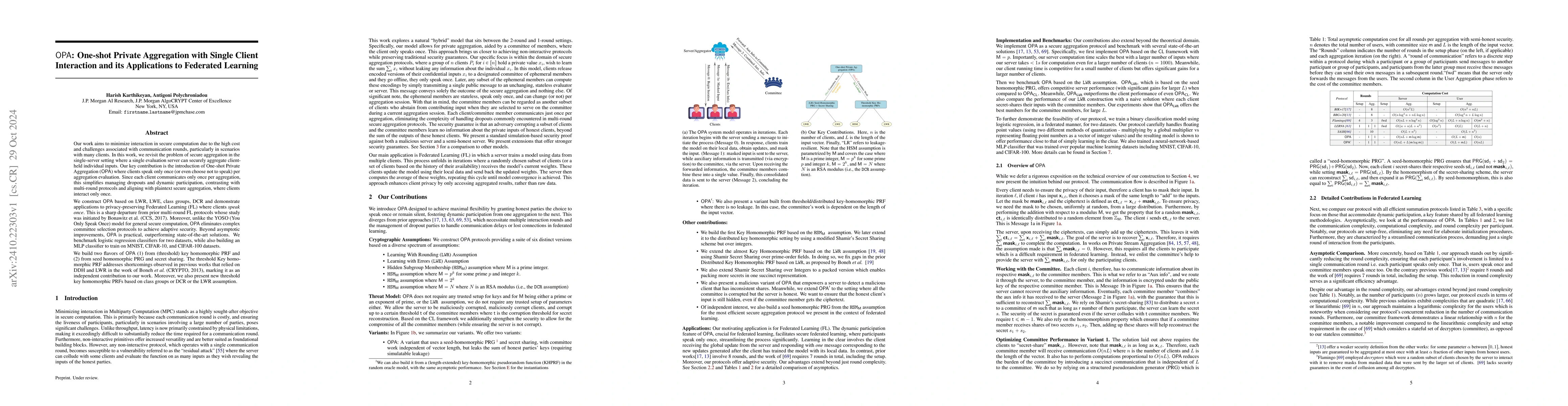Thumbnail for $\mathsf{OPA}$: One-shot Private Aggregation with Single Client
  Interaction and its Applications to Federated Learning