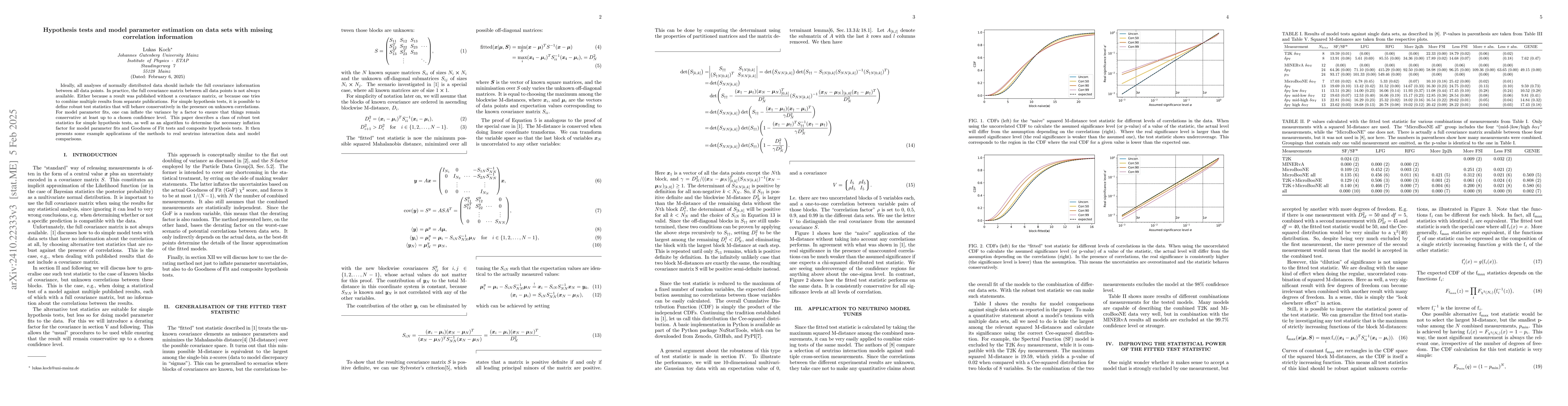 Thumbnail for Hypothesis tests and model parameter estimation on data sets with
  missing correlation information