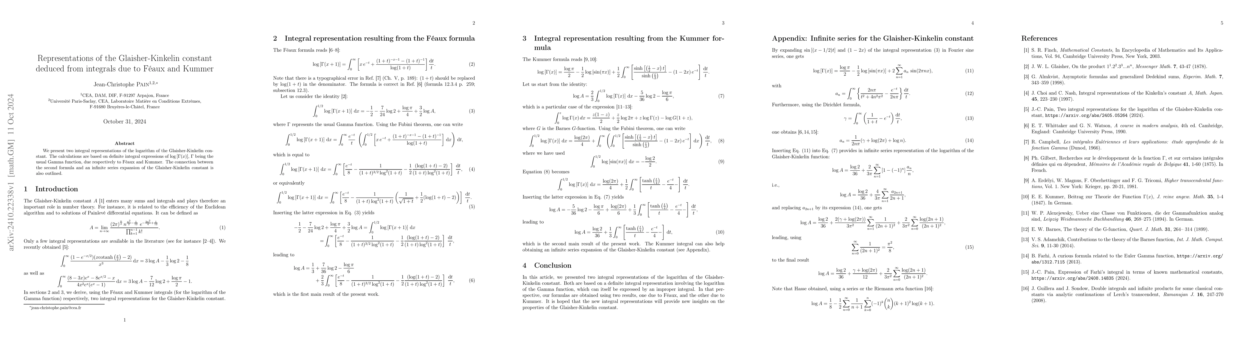 Thumbnail for Representations of the Glaisher-Kinkelin constant deduced from integrals
  due to Féaux and Kummer