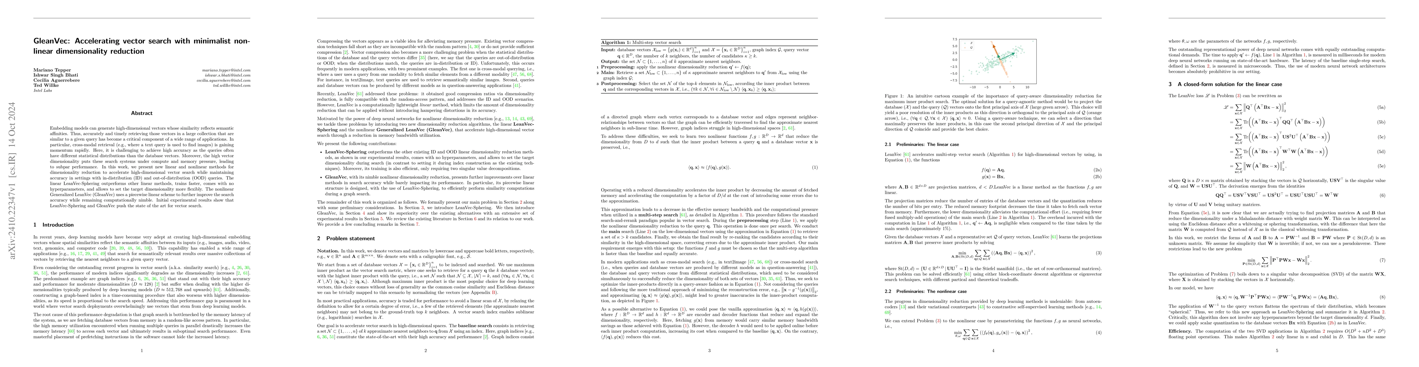 Thumbnail for GleanVec: Accelerating vector search with minimalist nonlinear
  dimensionality reduction
