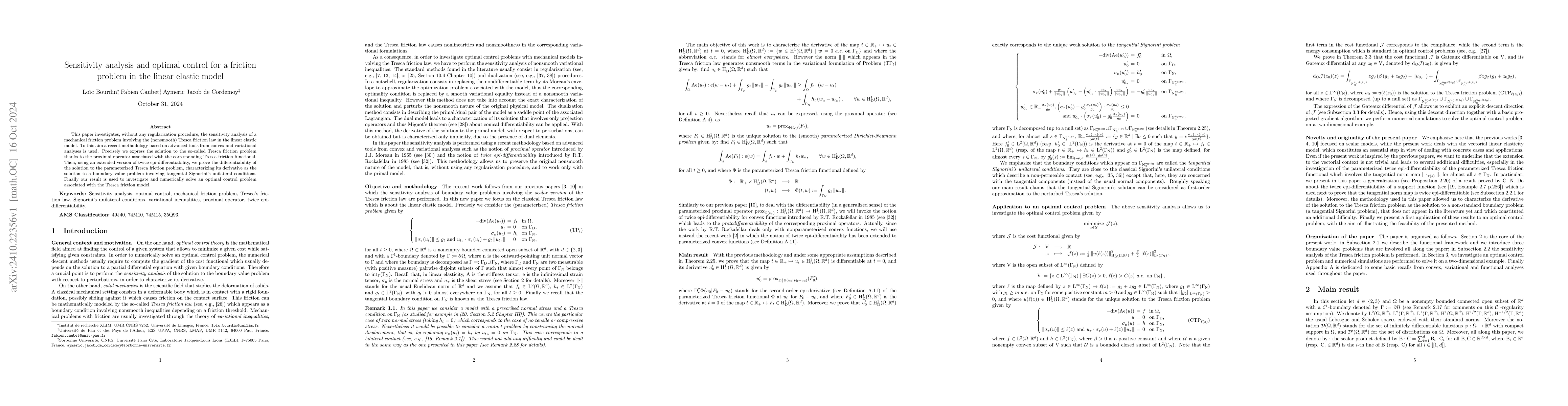 Thumbnail for Sensitivity analysis and optimal control for a friction problem in the
  linear elastic model