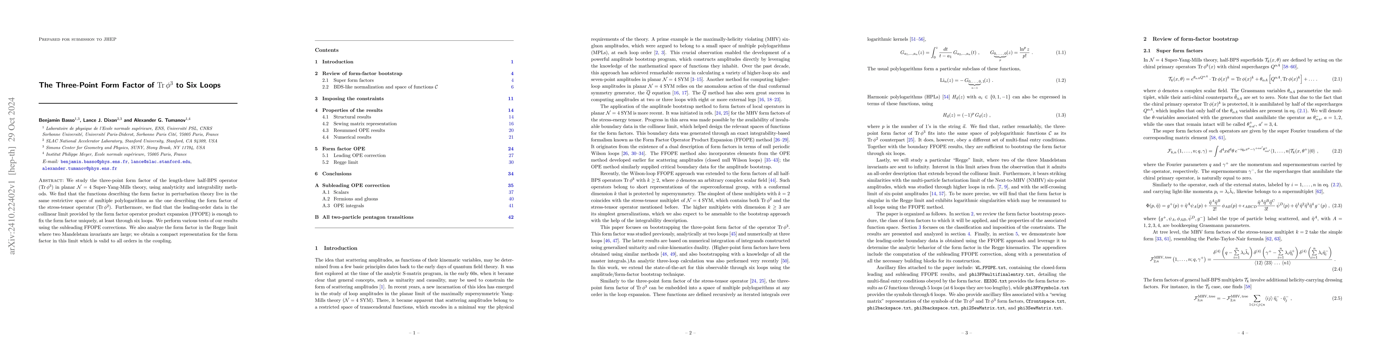 Thumbnail for The Three-Point Form Factor of $\textrm{Tr}\,φ^3$ to Six Loops