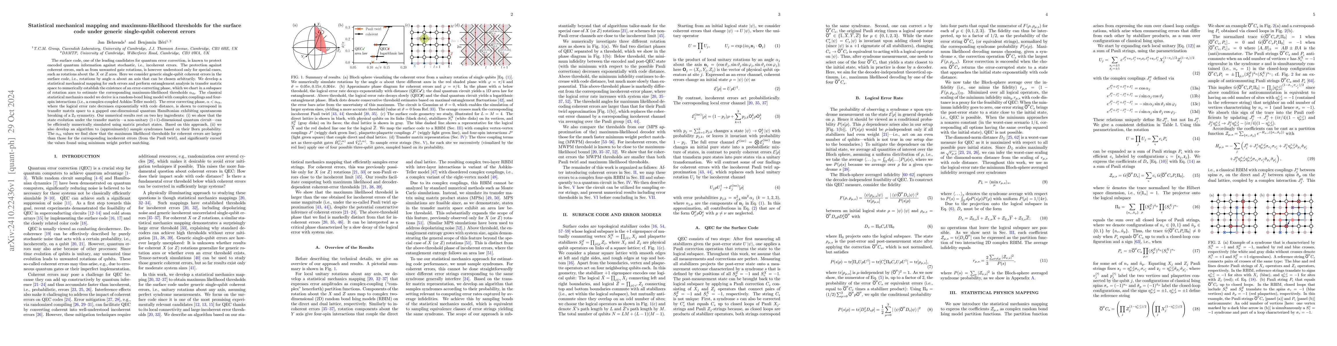 Thumbnail for Statistical mechanical mapping and maximum-likelihood thresholds for the
  surface code under generic single-qubit coherent errors