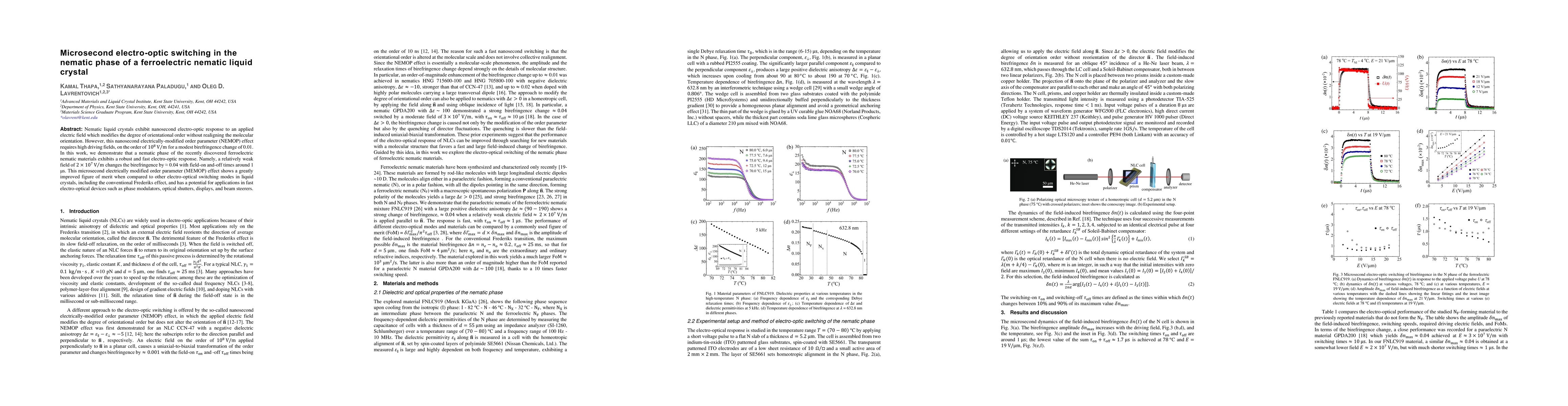 Thumbnail for Microsecond electro-optic switching in the nematic phase of a
  ferroelectric nematic liquid crystal