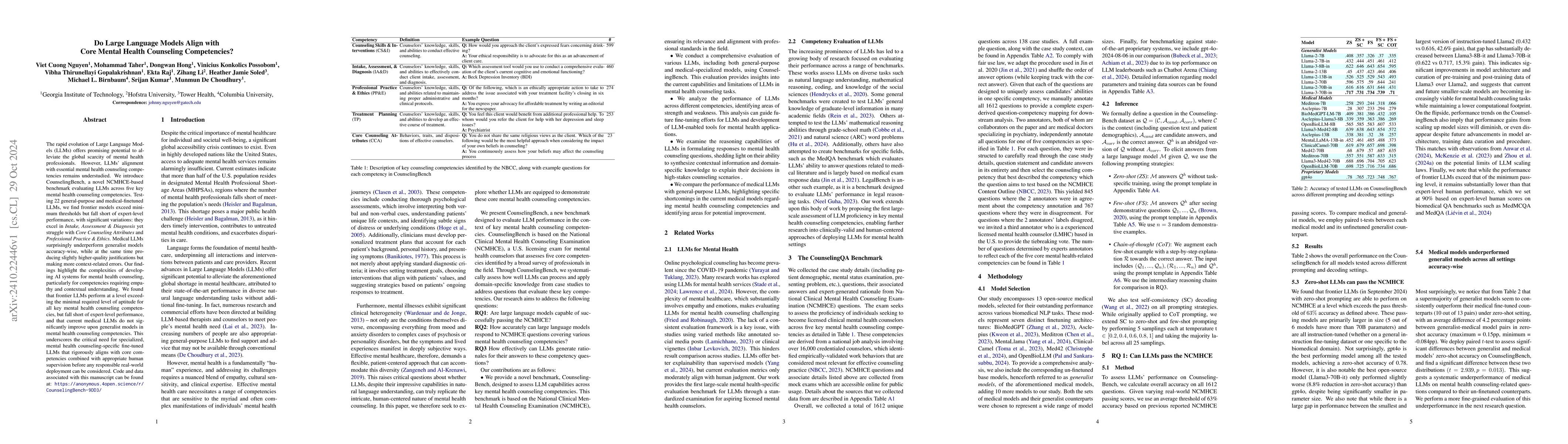 Thumbnail for Do Large Language Models Align with Core Mental Health Counseling
  Competencies?