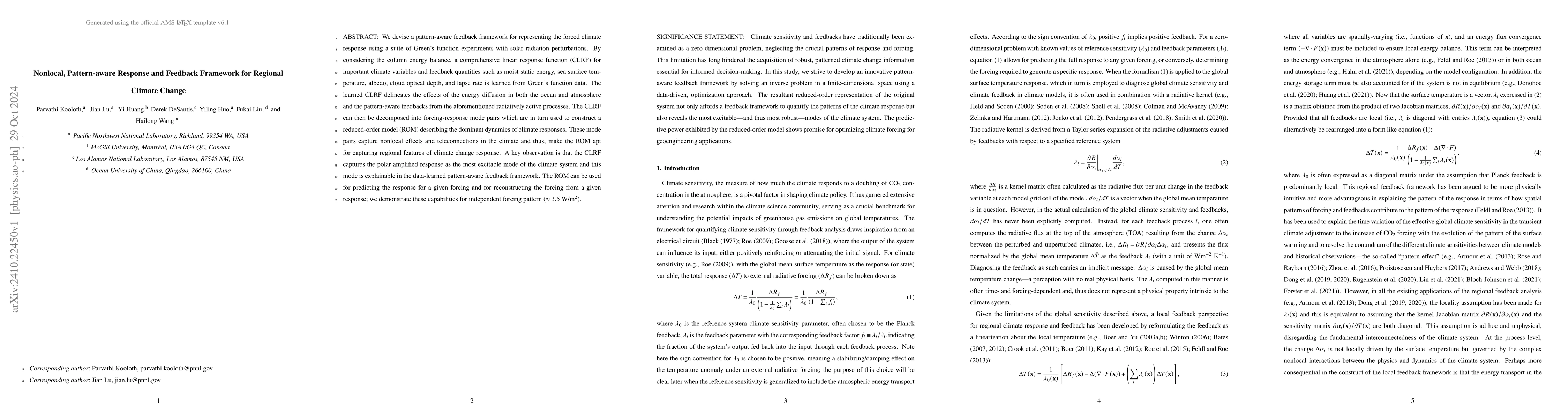 Thumbnail for Nonlocal, Pattern-aware Response and Feedback Framework for Regional
  Climate Change