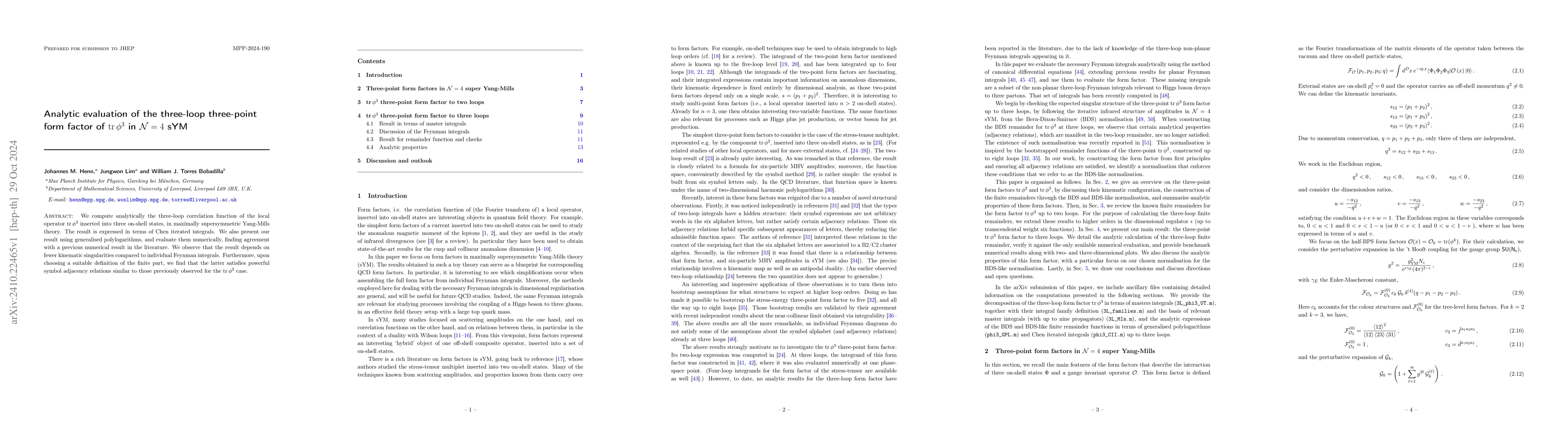 Thumbnail for Analytic evaluation of the three-loop three-point form factor of
  $\operatorname{tr}φ^3$ in $\mathcal{N}=4$ sYM