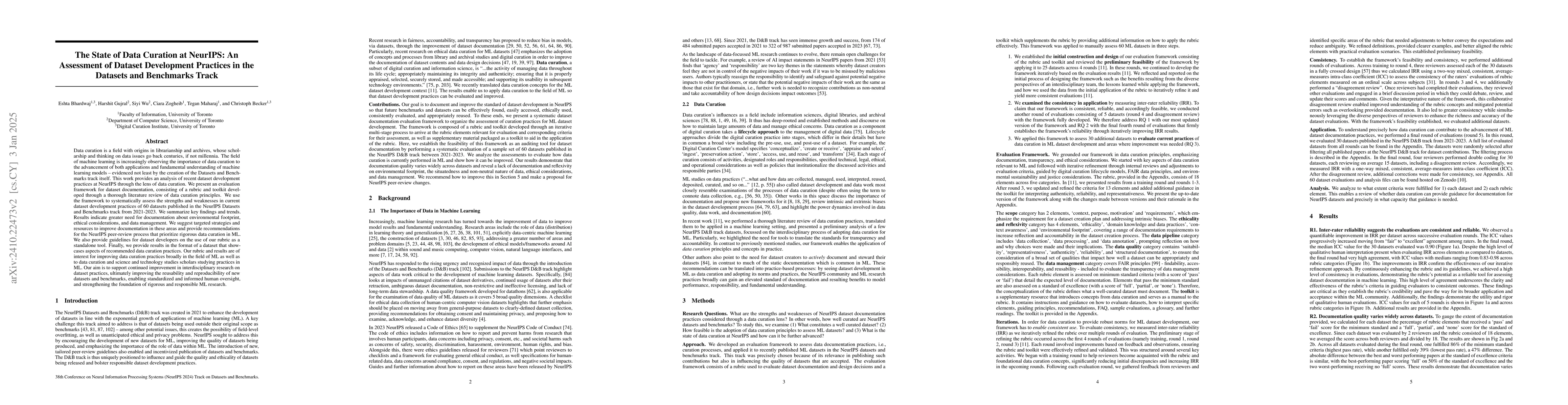 Thumbnail for The State of Data Curation at NeurIPS: An Assessment of Dataset
  Development Practices in the Datasets and Benchmarks Track