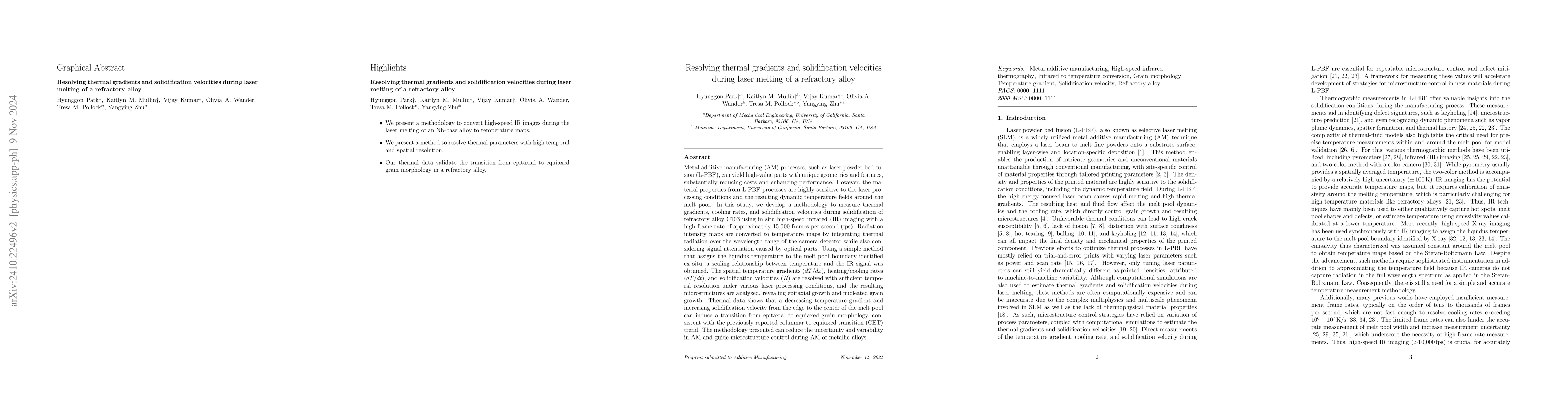 Thumbnail for Resolving thermal gradients and solidification velocities during laser
  melting of a refractory alloy
