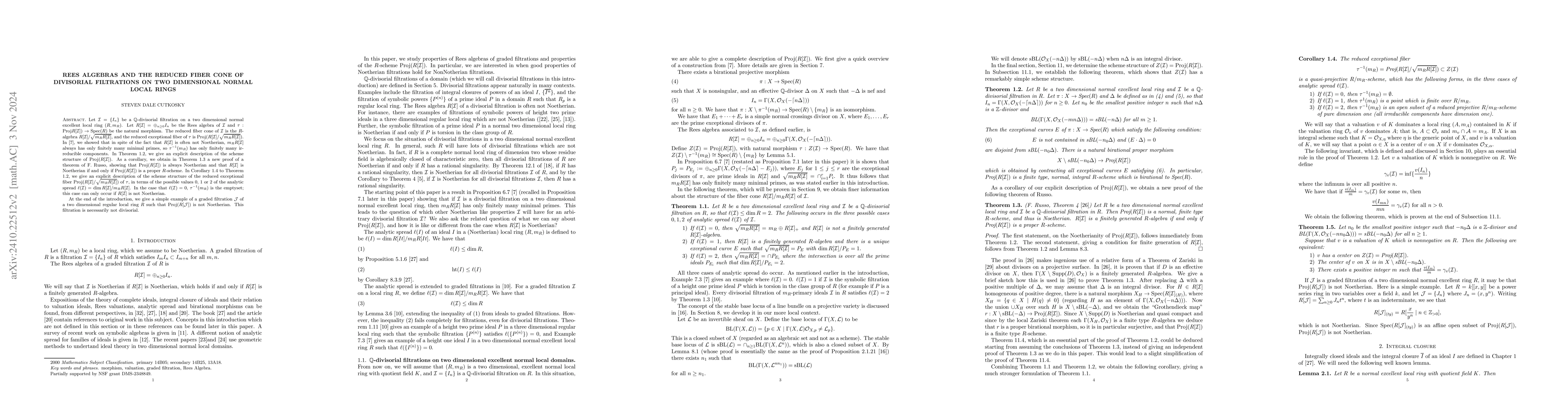 Thumbnail for Rees Algebras and the reduced fiber cone of divisorial filtrations on
  two dimensional normal local rings