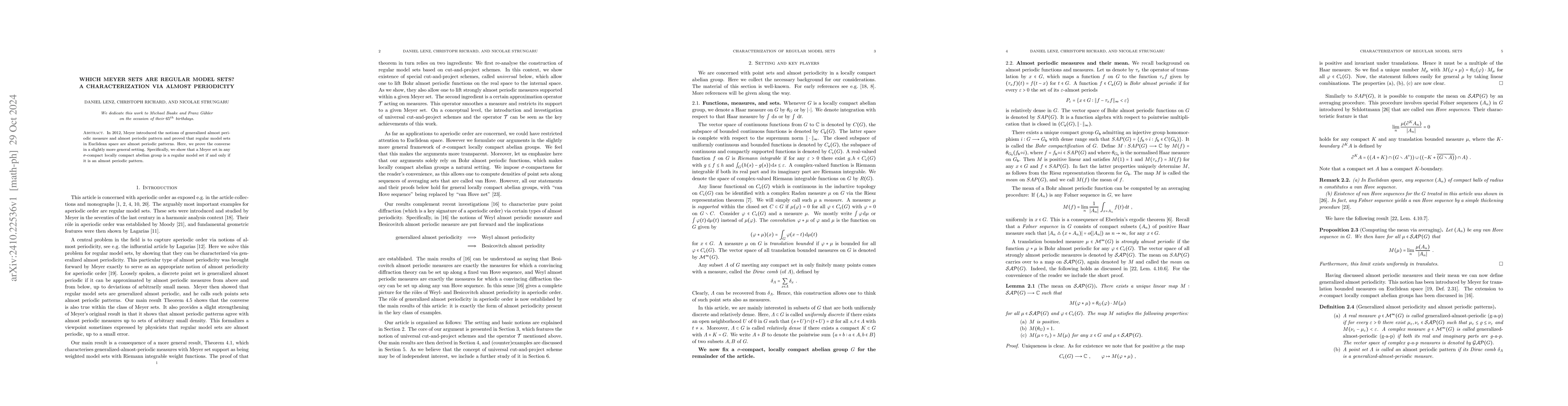 Thumbnail for Which Meyer sets are regular model sets? A characterization via almost
  periodicity