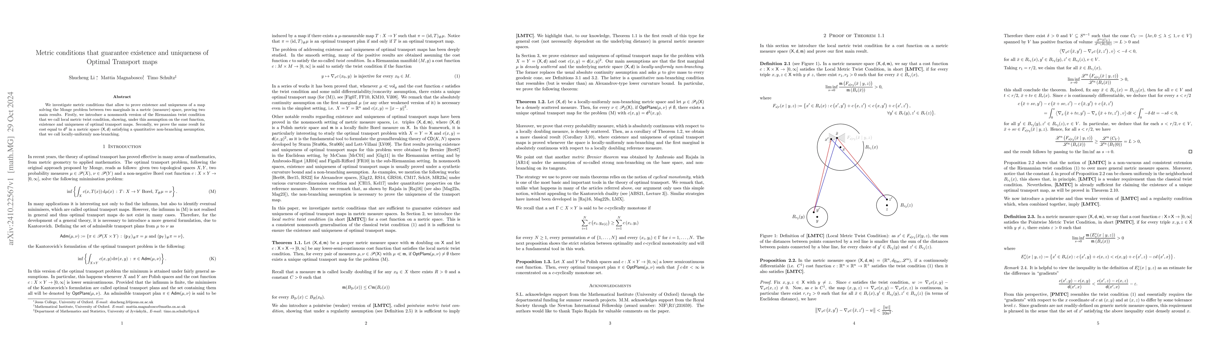 Thumbnail for Metric conditions that guarantee existence and uniqueness of Optimal
  Transport maps