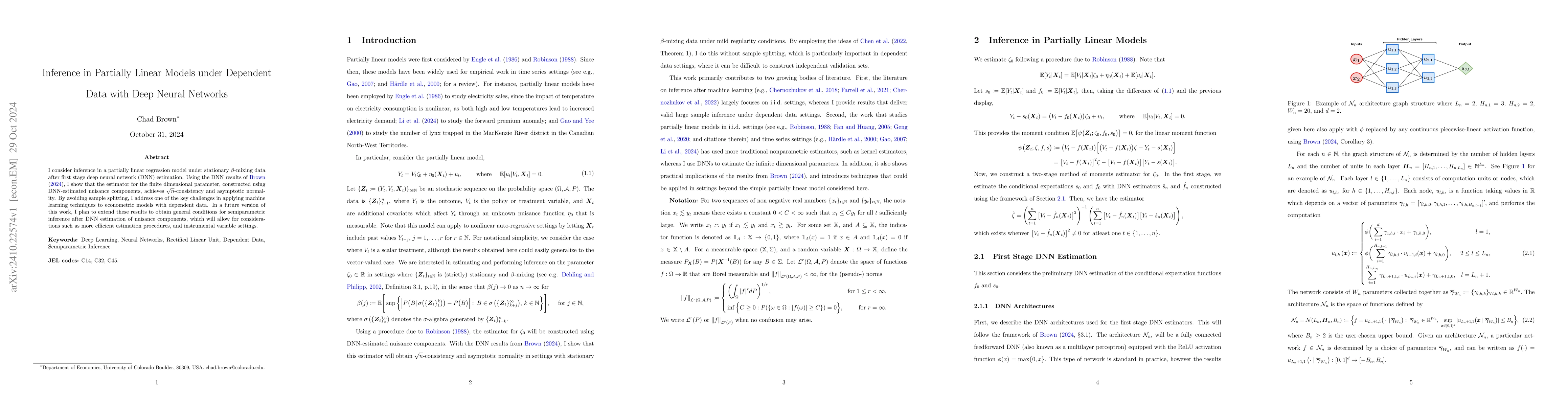 Thumbnail for Inference in Partially Linear Models under Dependent Data with Deep
  Neural Networks