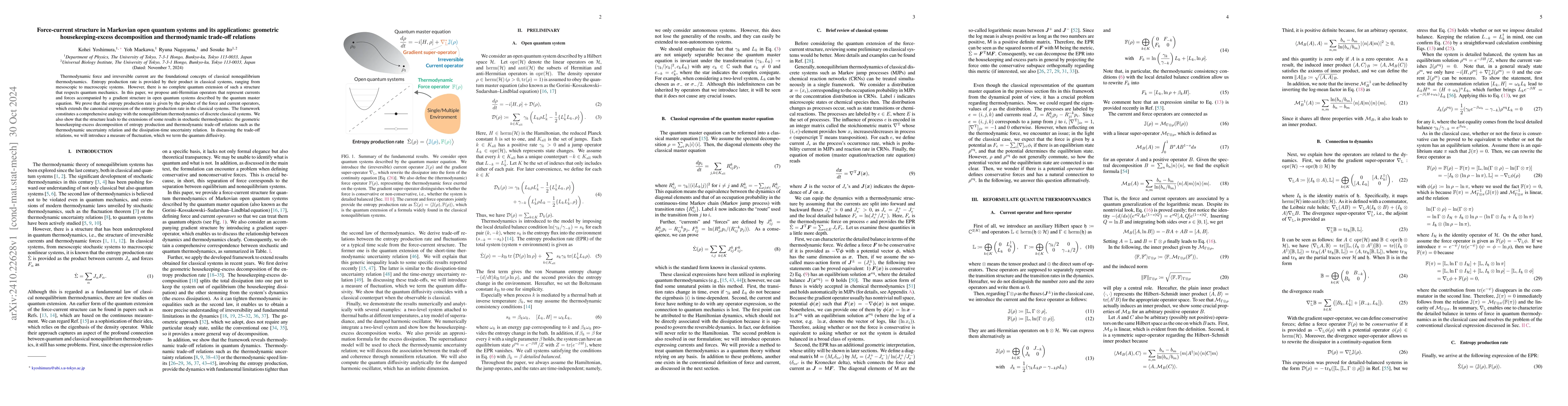 Thumbnail for Force-current structure in Markovian open quantum systems and its
  applications: geometric housekeeping-excess decomposition and thermodynamic
  trade-off relations