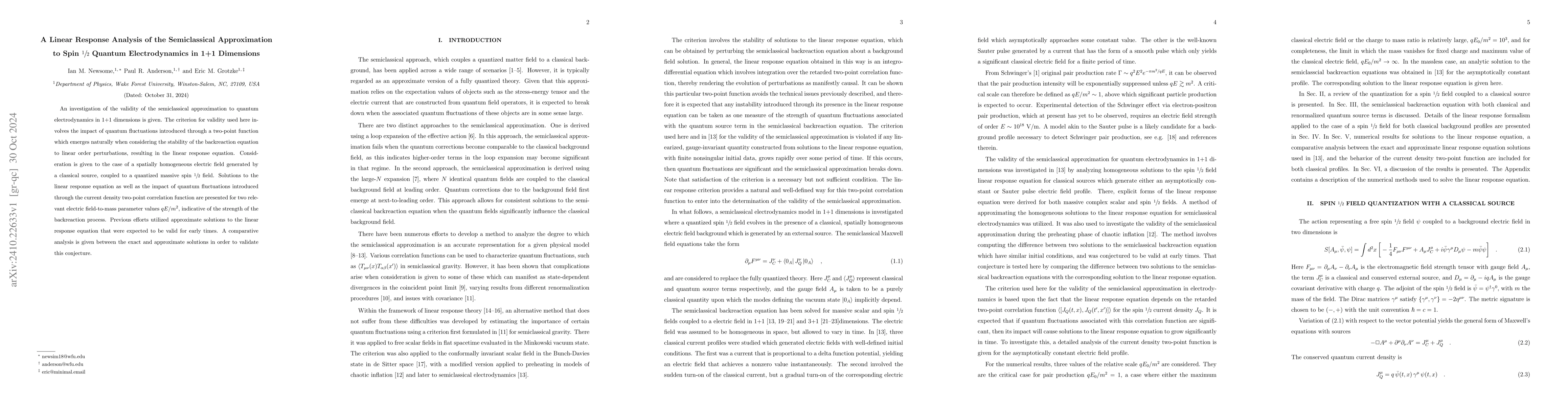 Thumbnail for A Linear Response Analysis of the Semiclassical Approximation to Spin
  1/2 Quantum Electrodynamics in 1+1 Dimensions