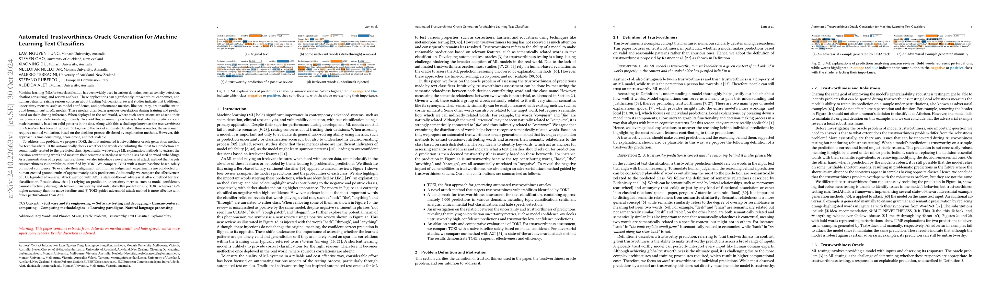 Thumbnail for Automated Trustworthiness Oracle Generation for Machine Learning Text
  Classifiers