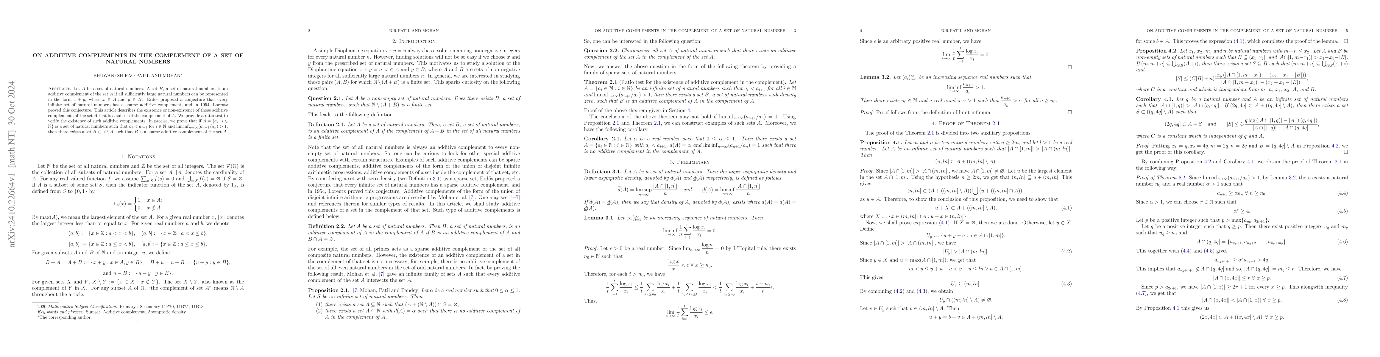 Thumbnail for On additive complements in the complement of a set of natural numbers