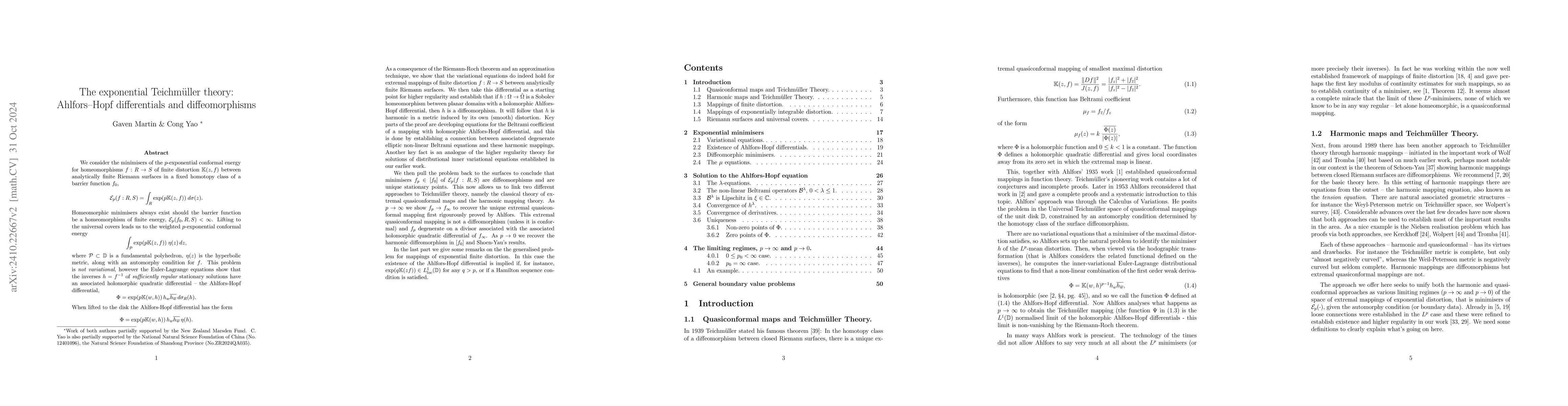 Thumbnail for The exponential Teichmüller theory: Ahlfors--Hopf differentials and
  diffeomorphisms