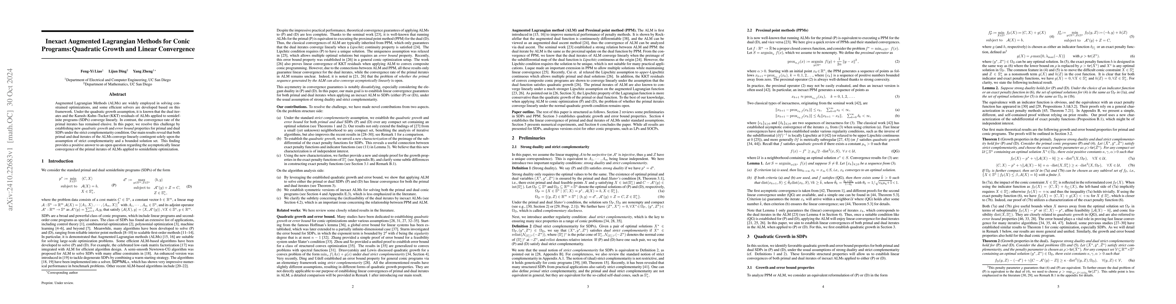 Thumbnail for Inexact Augmented Lagrangian Methods for Conic Programs: Quadratic
  Growth and Linear Convergence