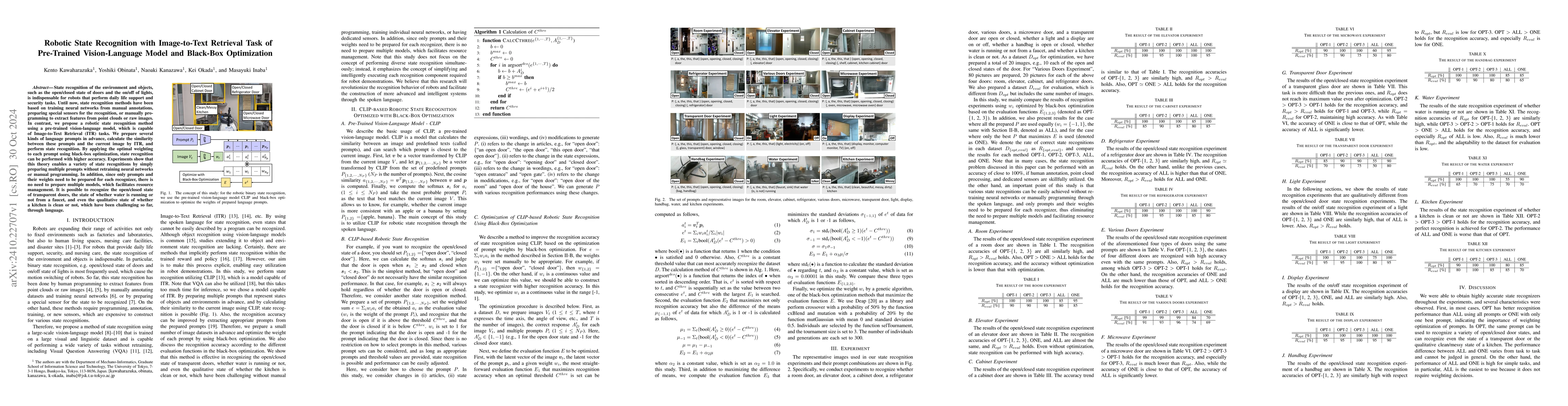 Thumbnail for Robotic State Recognition with Image-to-Text Retrieval Task of
  Pre-Trained Vision-Language Model and Black-Box Optimization