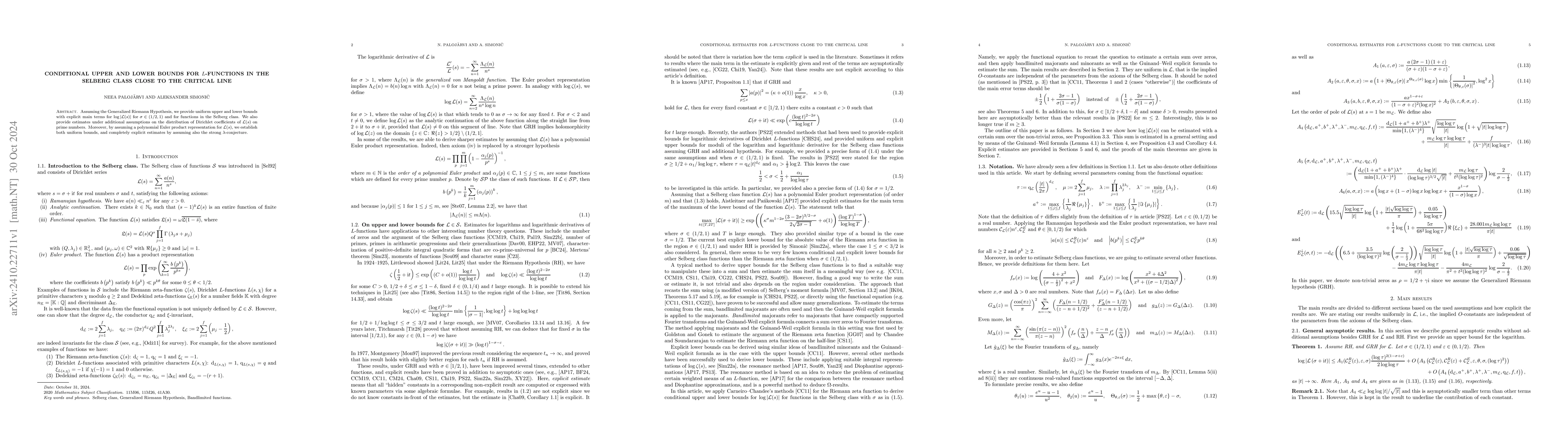 Thumbnail for Conditional upper and lower bounds for $L$-functions in the Selberg
  class close to the critical line