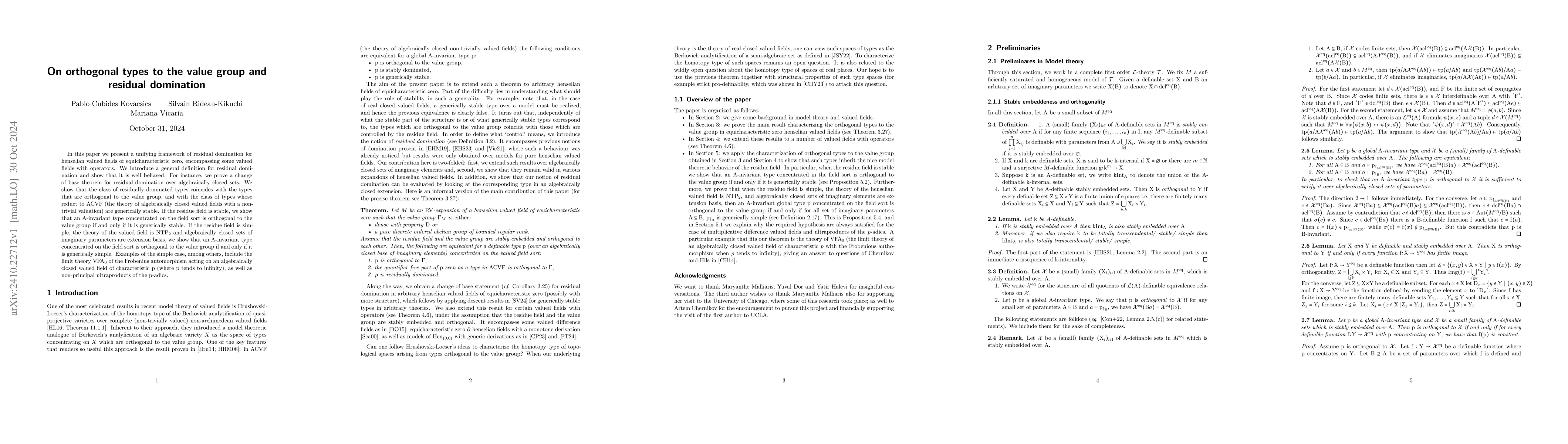 Thumbnail for On orthogonal types to the value group and residual domination
