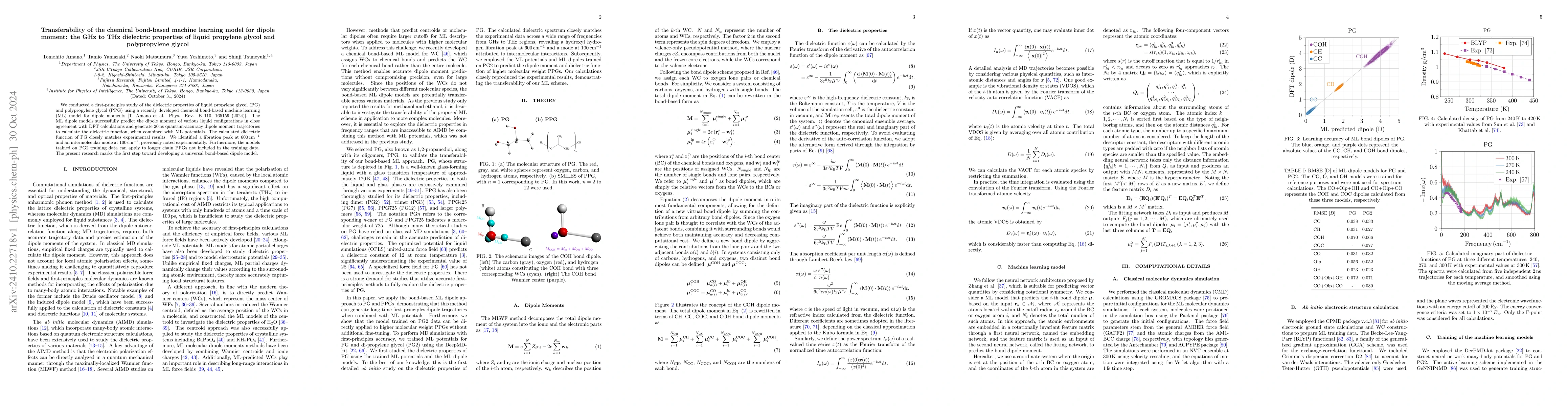 Thumbnail for Transferability of the chemical bond-based machine learning model for
  dipole moment: the GHz to THz dielectric properties of liquid propylene
  glycol and polypropylene glycol