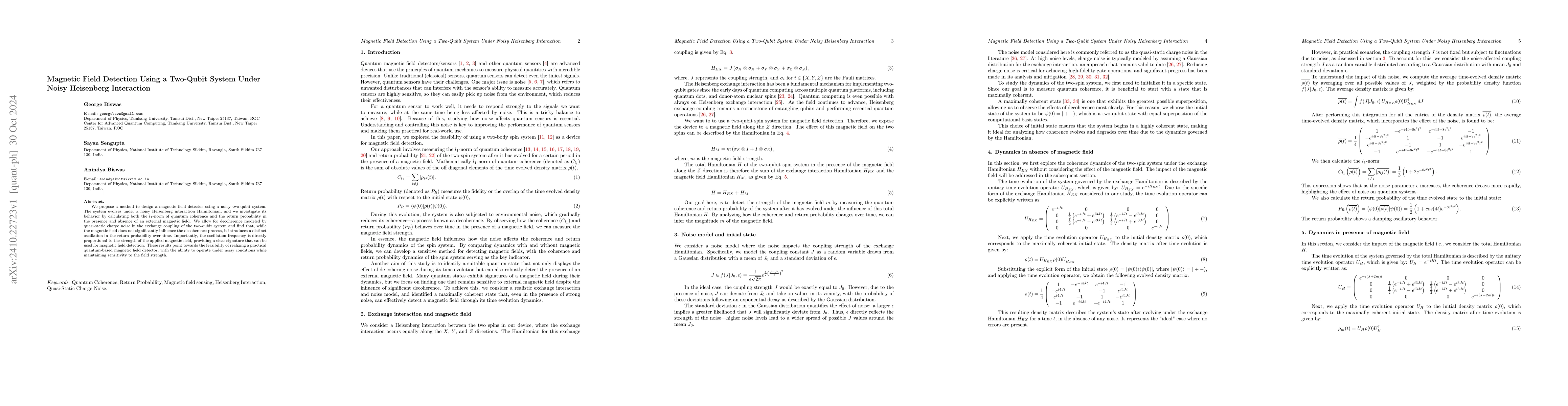 Thumbnail for Magnetic Field Detection Using a Two-Qubit System Under Noisy Heisenberg
  Interaction