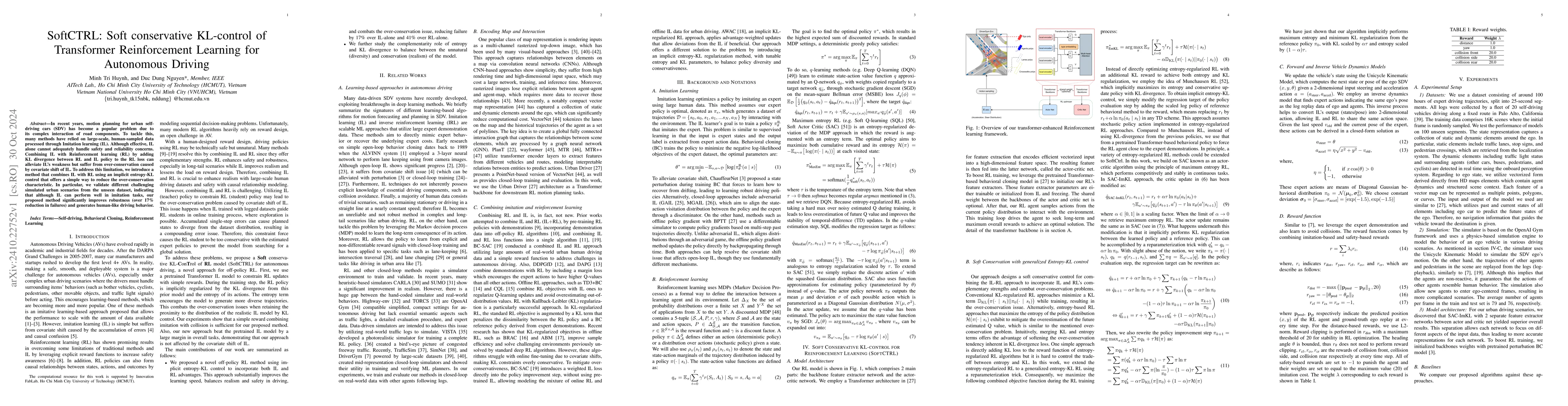 Thumbnail for SoftCTRL: Soft conservative KL-control of Transformer Reinforcement
  Learning for Autonomous Driving