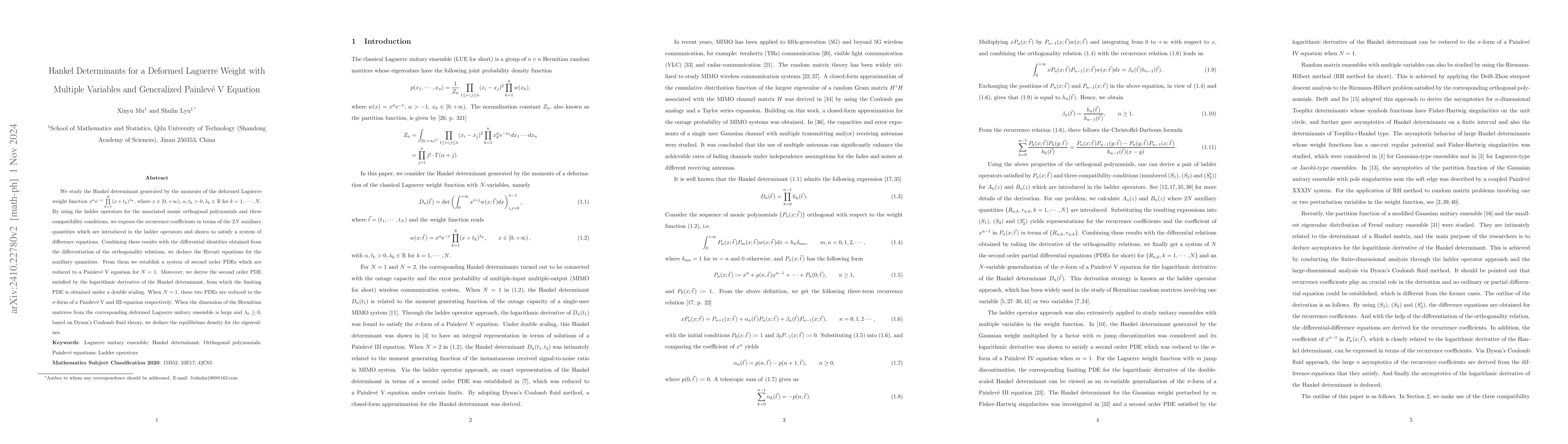 Thumbnail for Hankel Determinants for a Deformed Laguerre Weight with Multiple
  Variables and Generalized Painlevé V Equation