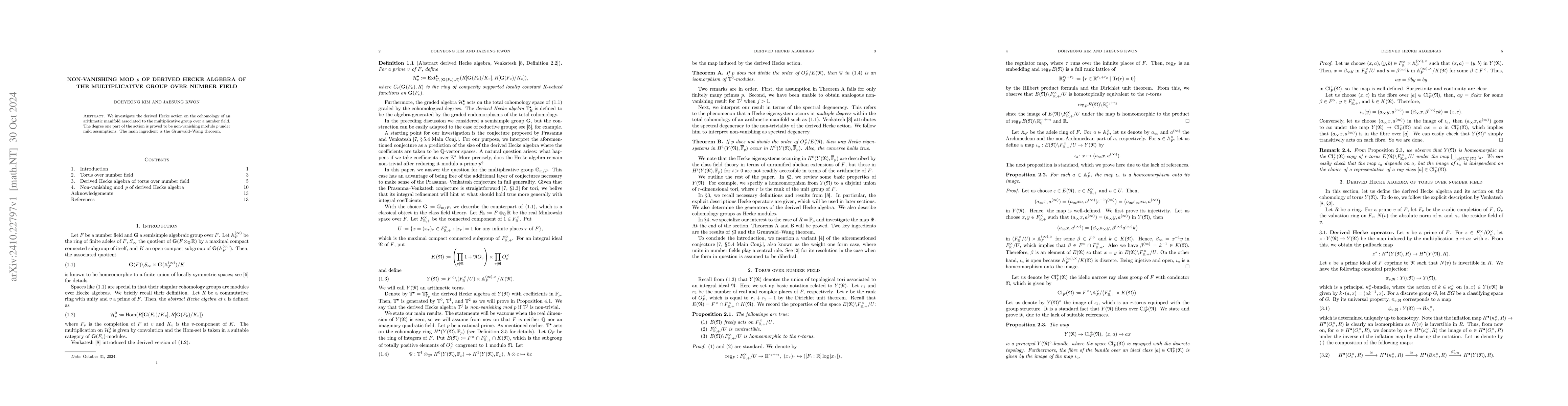Thumbnail for Non-vanishing mod $p$ of derived Hecke algebra of the multiplicative
  group over number field