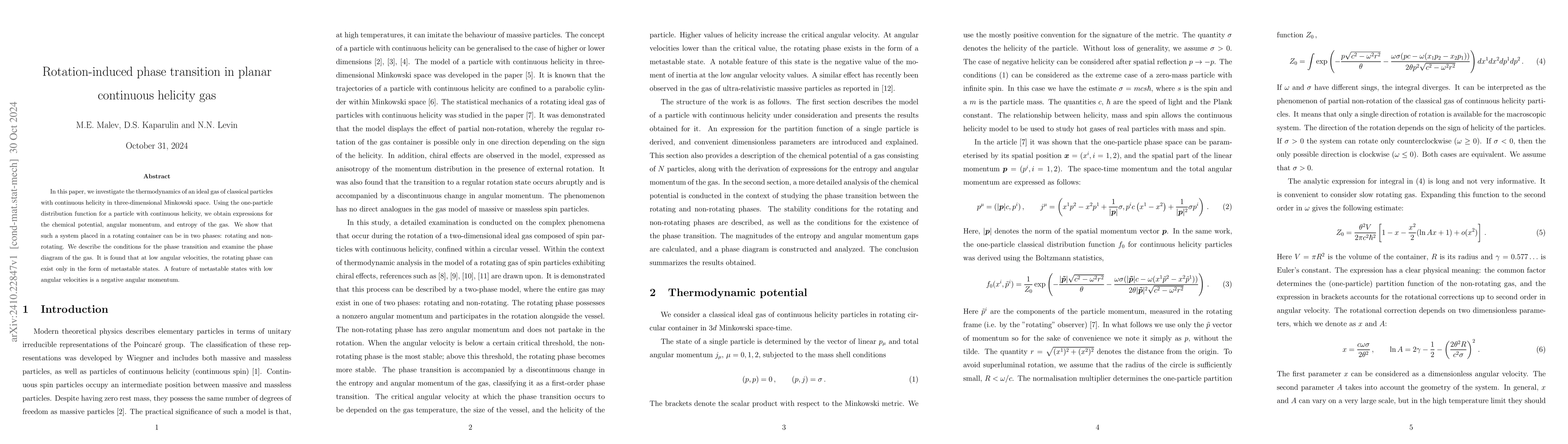 Thumbnail for Rotation-induced phase transition in planar continuous helicity gas