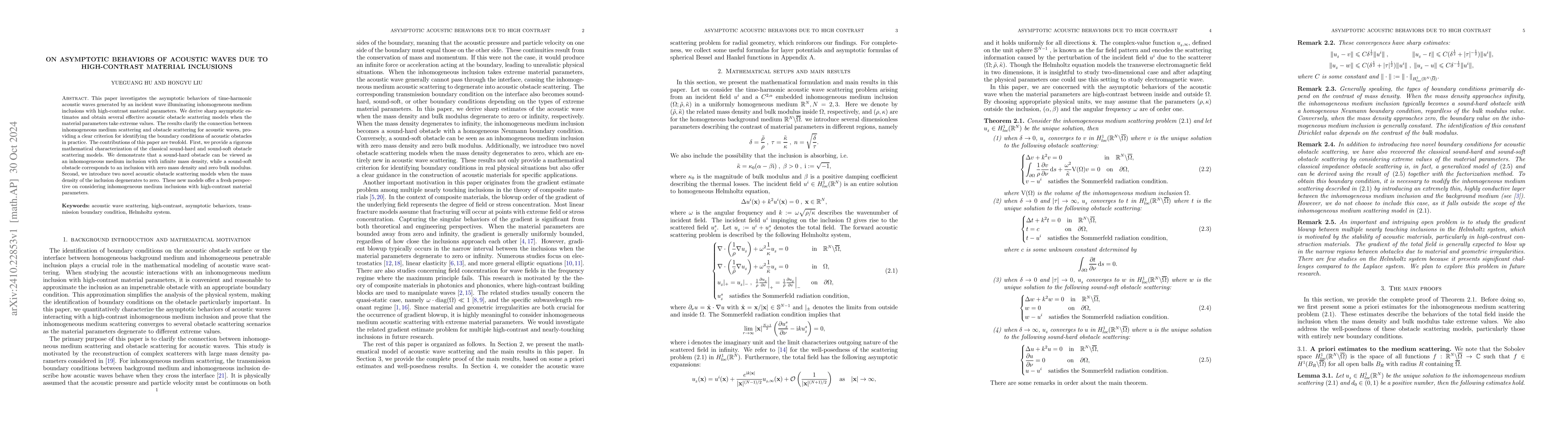 Thumbnail for On asymptotic behaviors of acoustic waves due to high-contrast material
  inclusions
