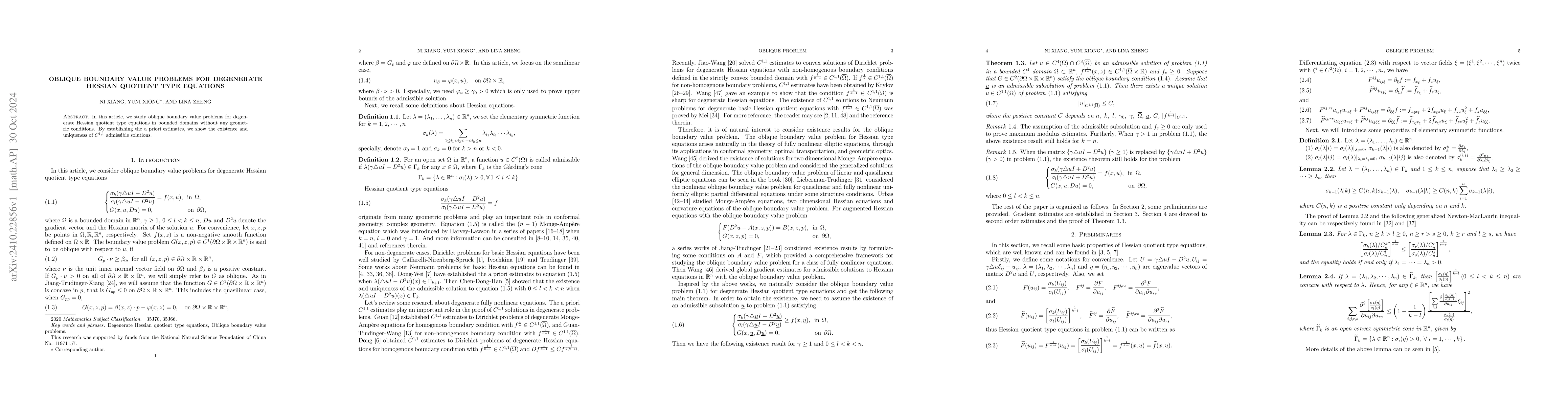 Thumbnail for Oblique boundary value problems for degenerate Hessian quotient type
  equations